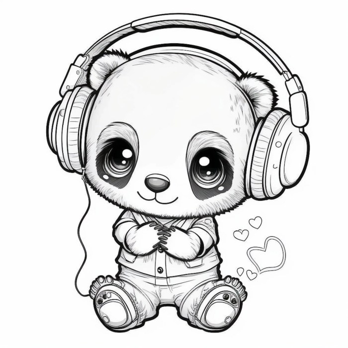 Kawaii animals with headphones coloring pages