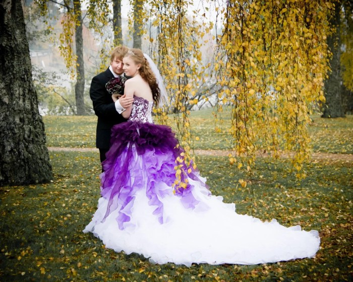 Purple and white wedding dress